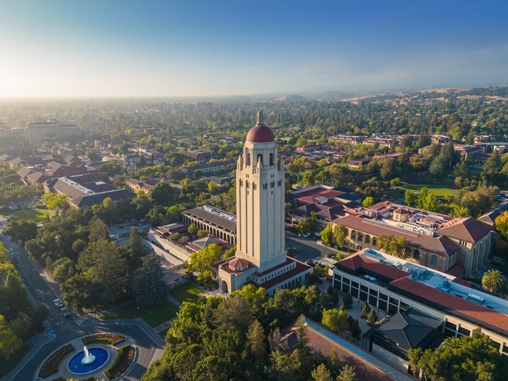 Aerial view of Hoover Tower and the Stanford University campus beside Palo Alto